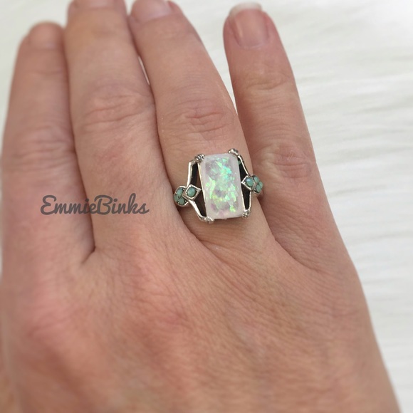 RESTOCK New Vintage Style Fire Opal Rectangular Cocktail Ring -Silver Opal Retro - Picture 12 of 16
